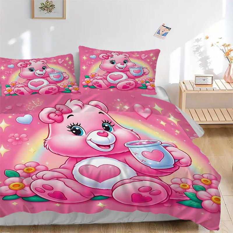 Pink Heart Bear Rainbow Print 3Pcs Bedding Setduvet Cover With 2 Bedropillowcase Home Birthday Gift