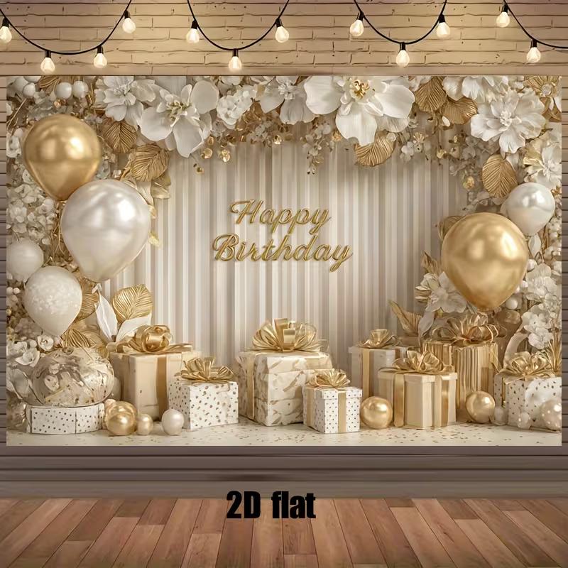 2D White Gold Floral Birthday Backdrop Home Party Celebration Photo Background