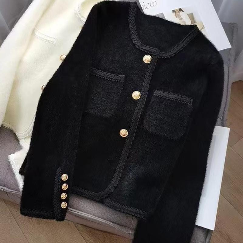 

GMXIA Маленький ароматный золотой пуговицы белый норковый кашемировый вязаный кардиган женский весенний мягкий свитер пальто зимнее пальто One size чёрный