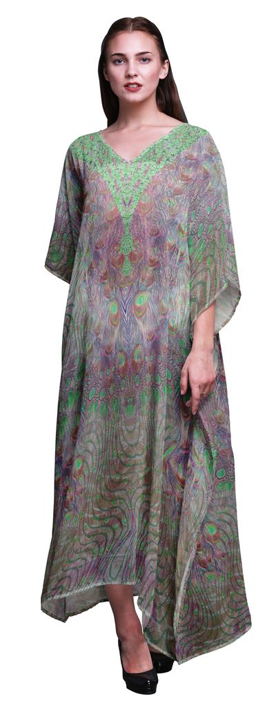Phagun Peacock Feather Ladies Plus Size Kaftan Summer Wear Beach Coverup Kimono