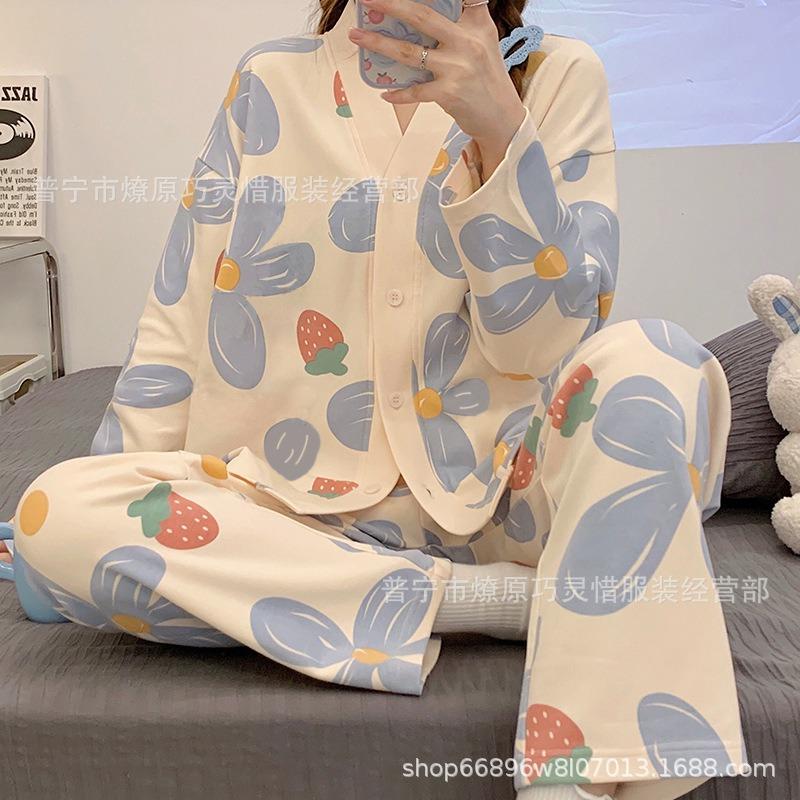 Women's Cardigan Plaid Top and Trousers, Pajamas, Loungewear, Casual, Cute, Cartoon Pajamas, Loungewear, Autumn and Winter