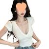 2025 Summer Sexy Lace V-Neck Cropped Top for Women - Slim Fit Short Sleeve