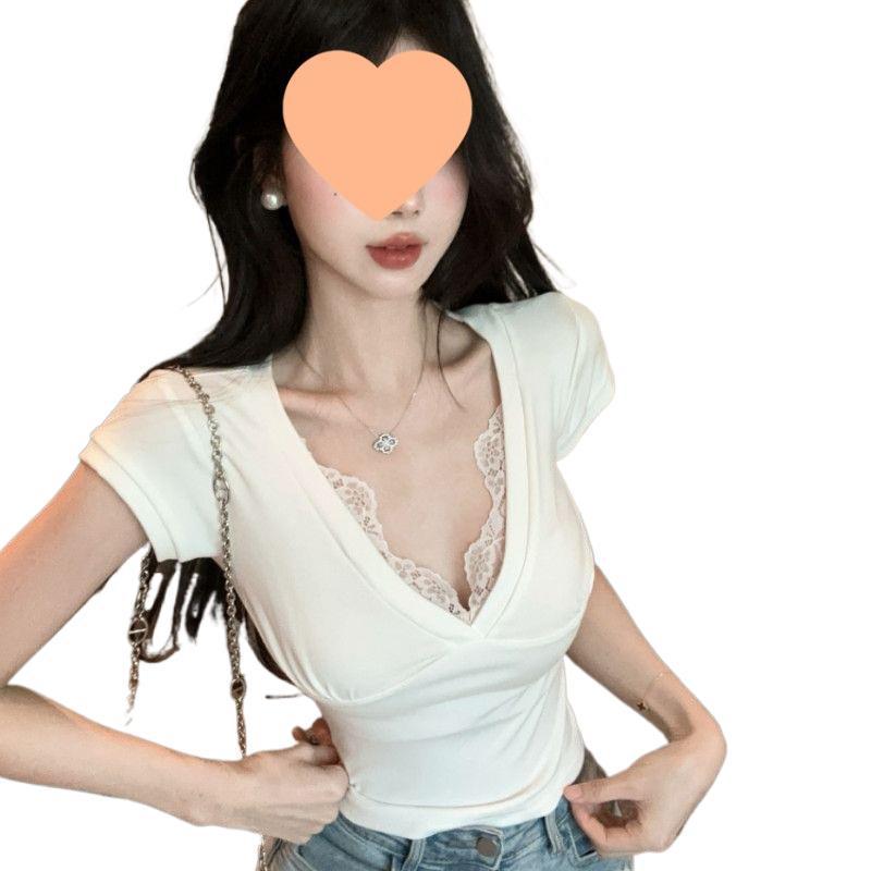 2025 Summer Sexy Lace V-Neck Cropped Top for Women - Slim Fit Short Sleeve