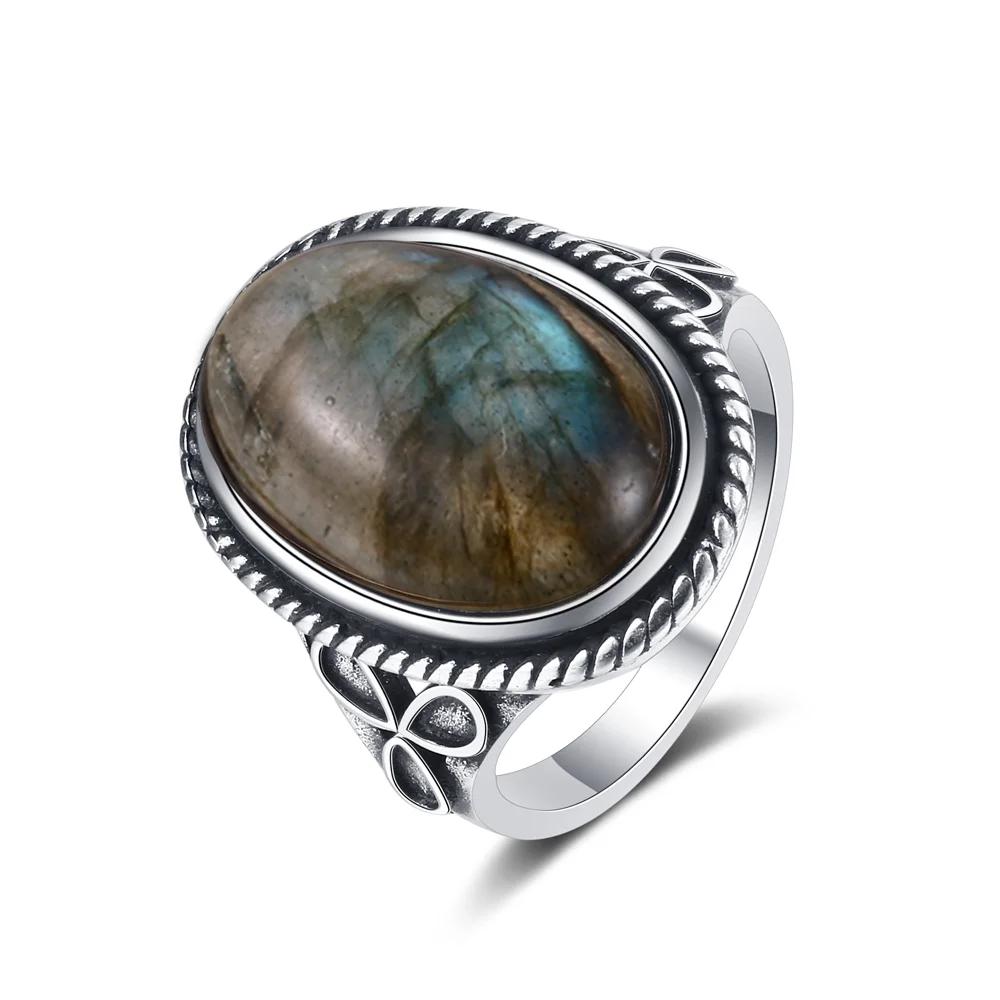 S925 Sterling Silver Retro Natural Labradorite Flower Rings Jewelry Silver Large Tiger Eye Engagement Wedding Gift for Women