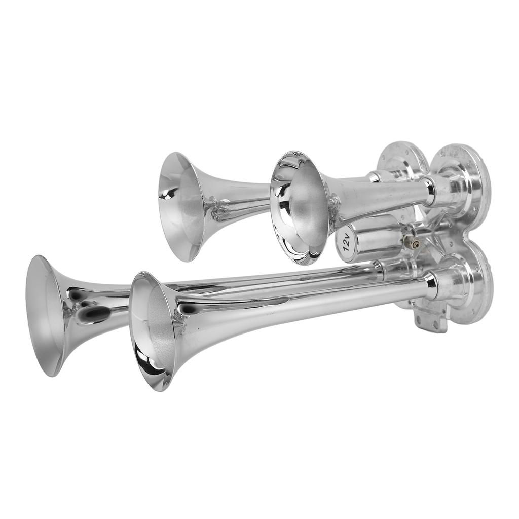Claxon pneumatic cu 4 trompete Super Tare 135DB Zinc cromat pentru 12V24V Semi Pickup RV SUV
