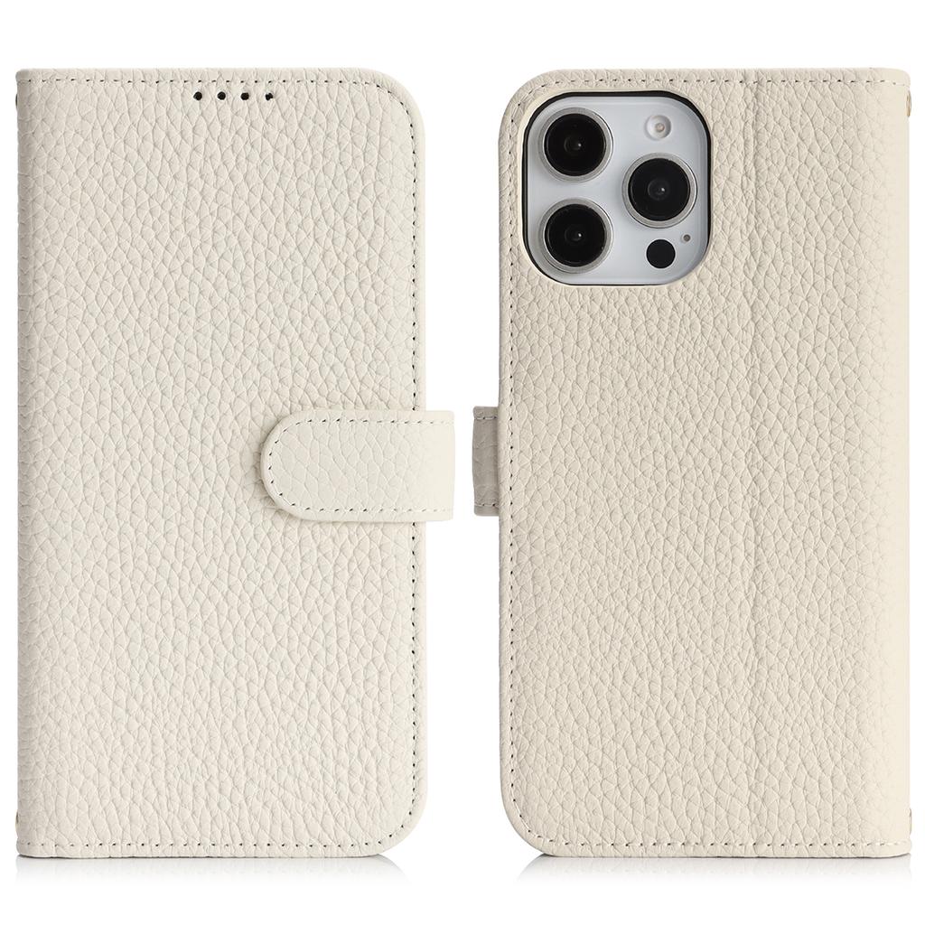 For iPhone 15 Pro Stand Case Litchi Texture Genuine Cow Leather Wallet Phone Cover RFID Blocking