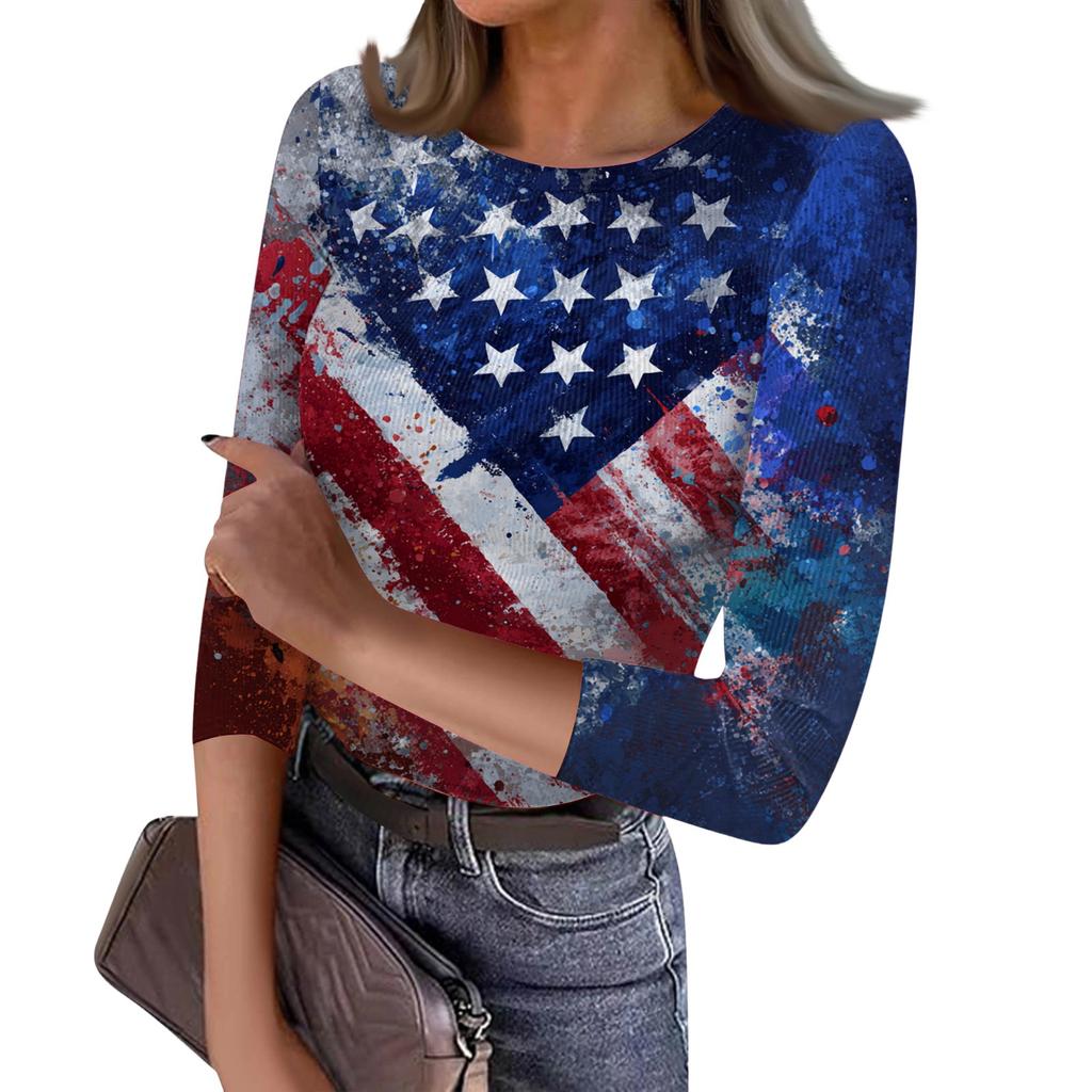 Women's Casual Fashion Round Neck Independence Day Print Three-Quarter Sleeve Ribbed Top