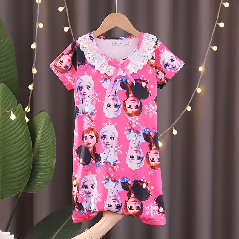 Girls' Summer Princess Lace Pajamas - Frozen Cartoon Nightgown with Short Sleeves KPOP Style Homewear
