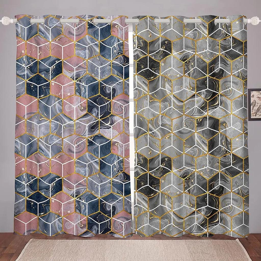 2pcs Black Golden Fluid Marble Print Polyester Curtain Window Treatment For Bedroom Office Kitchen Living Room Study Home Decor