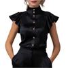 Women Satin Blouse Stand Collar Ruffle Sleeve Button Down Shirt Office Workwear Elegant Silky Top