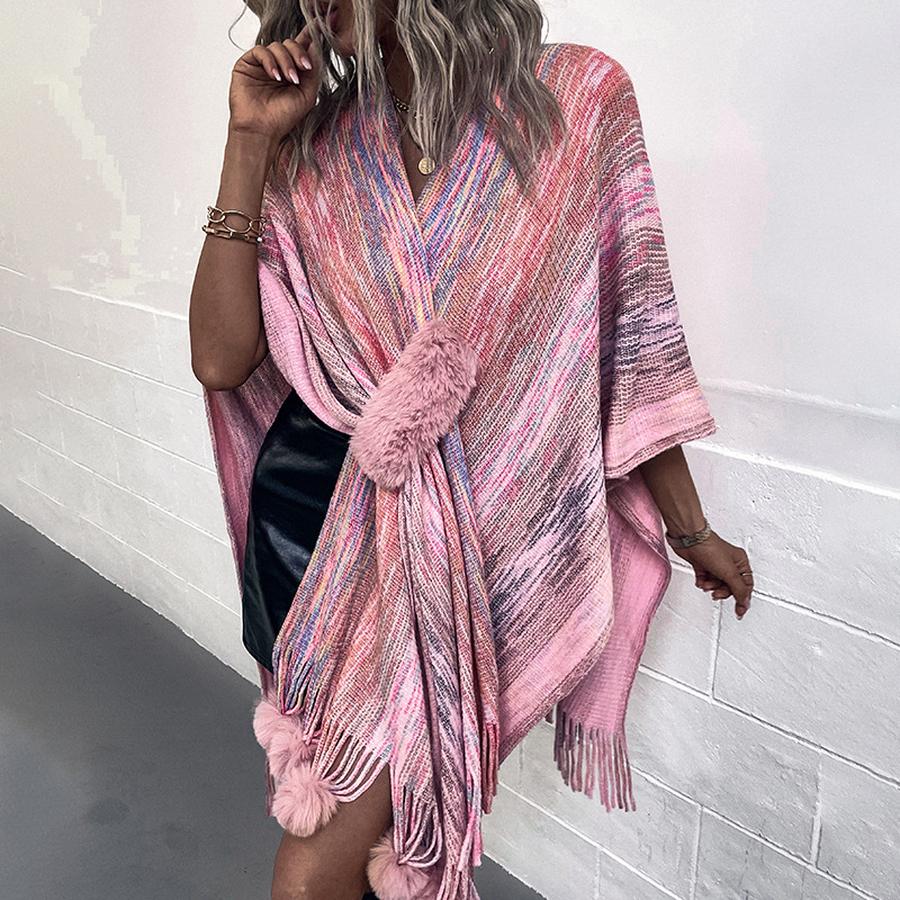 Colorful Chunky Ball Fringe Knit Shawl Coat for Women Autumn Winter New European Cross-Border Cape Cardigan