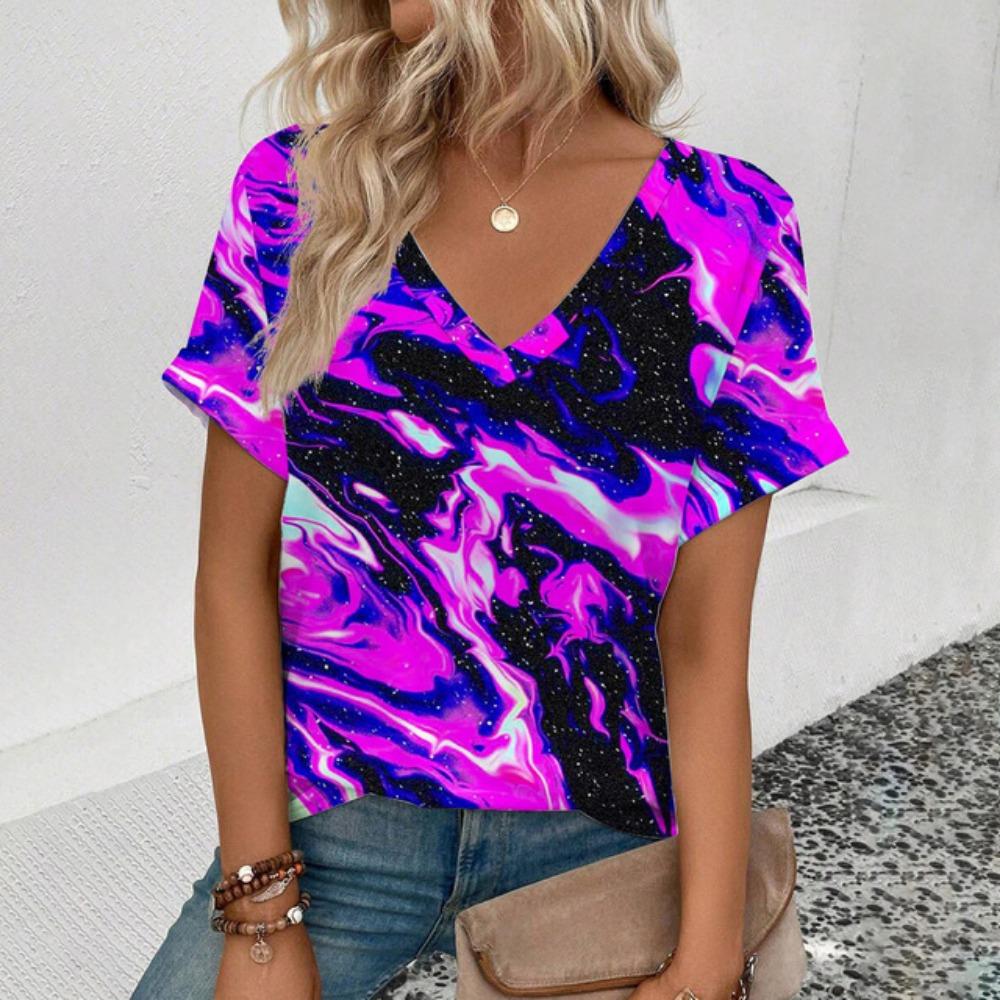

Жіноча футболка великого розміру з коротким рукавом і V-подібним вирізом Футболка з барвистим візерунком з китицями Модна повсякденна жіноча елегантна комфортна футболка 5XL