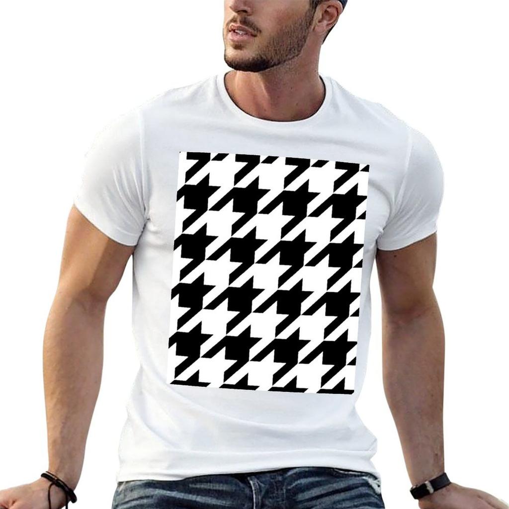 Large Traditional Black And White Houndstooth Big Geometric Pattern Tshirt Anime Street Wear T Shirt Unisex