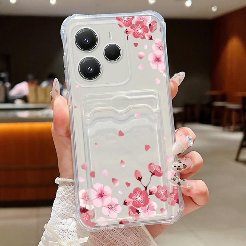 

Тонкий чехол с цветочным принтом и отделением для карт памяти для Xiaomi 14T 13T Pro Poco F6 Pro X6 Redmi 14C Note 13 Pro 12 11, мягкий силиконовый противоударный прозрачный чехол для телефона Xiaomi Poco M6 Pro 4G