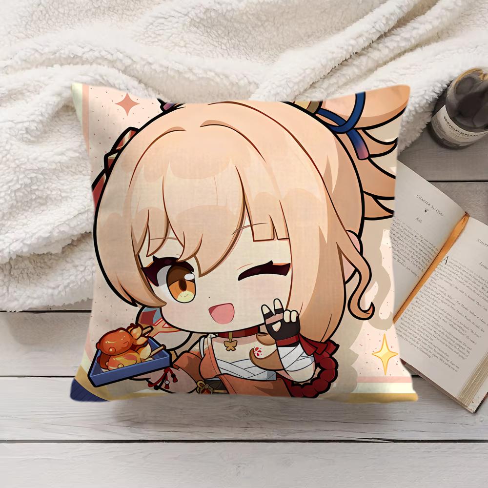 Yoimiya Cute Genshin Impact Cushion Cover Silky Short Plush Invisible Zipper Dustproof Sofa Pillow Case For Home Decor