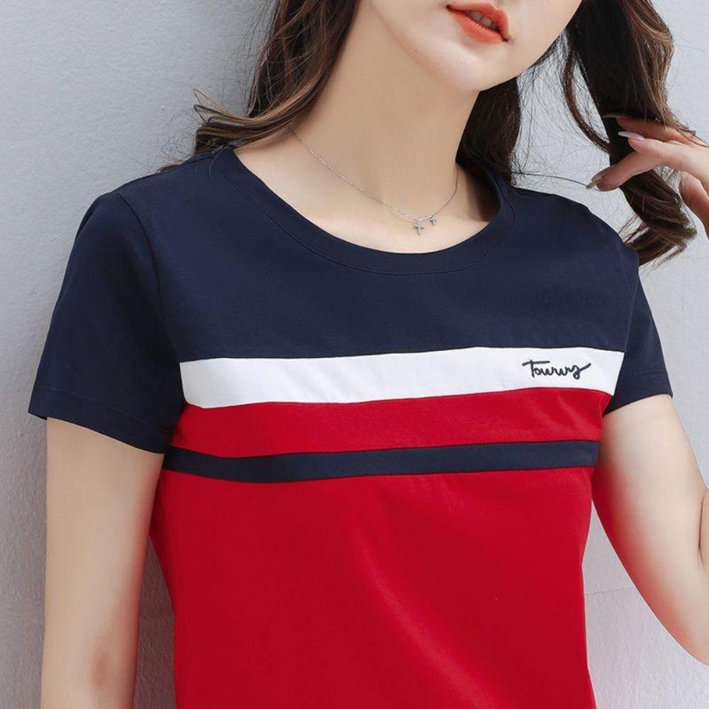 Summer Female   Cotton Embroidered Short-Sleeved T-shirt Women's Fashion Stitching Top Half-Sleeved T-shirt