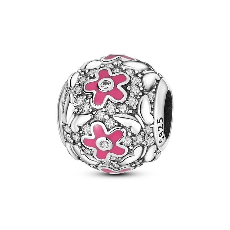 Copper Cute Pink Flowers Heart Pendant Beads Fit 4Mm Hole Diamete Charm Bracelet For Women Diy Jewelry Making Gift