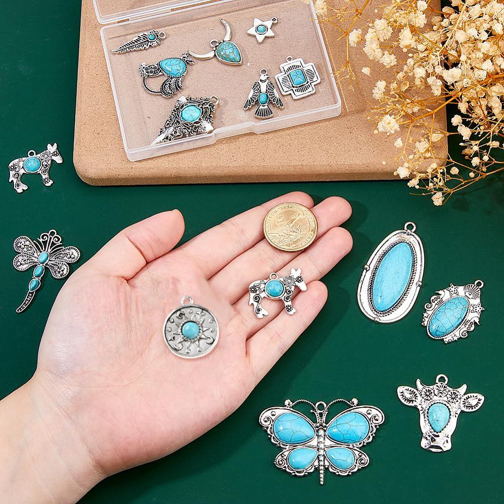 15Pcs 15 Styles Dyed Synthetic Turquoise Pendants with Alloy Settings Antique Silver Mixed Shapes 17~56x8.5~206x3~7mm Hole: 1.5~3.5mm 1pc/style