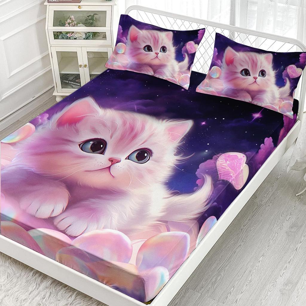 Animal Cat Pattern Mattress Three-Piece Digital Printing Mattress Bedding Set Adult Children