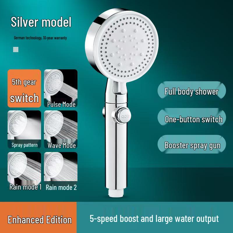 Five-Speed Frosted Black Shower Head & Booster Hose Set