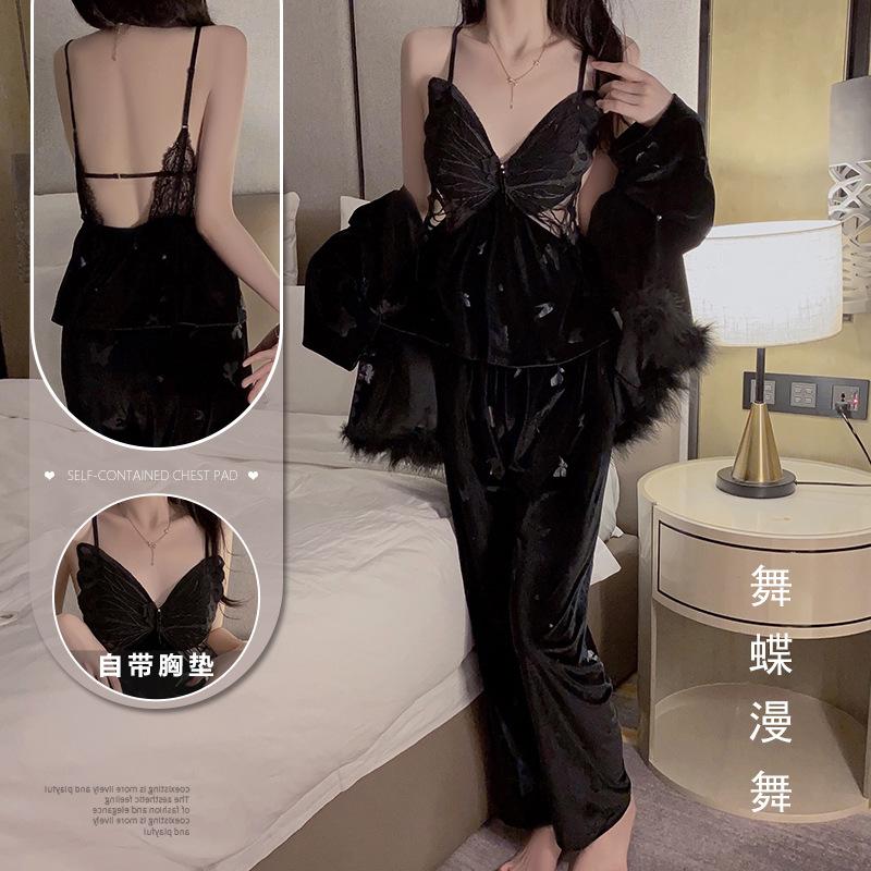 Women's Velvet Butterfly Print Lace Padded Backless Robe Lounge Set