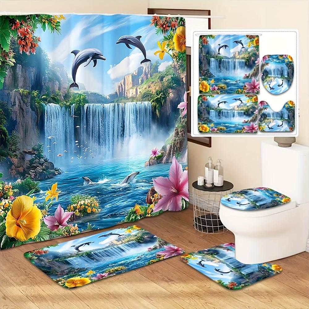 Dunkelblau Rose Schmetterling Muster Duschvorhang Set, Rutschfester Badezimmerteppich, Toiletten-U-förmiges Kissen, Toilettensitzbezug Kissen