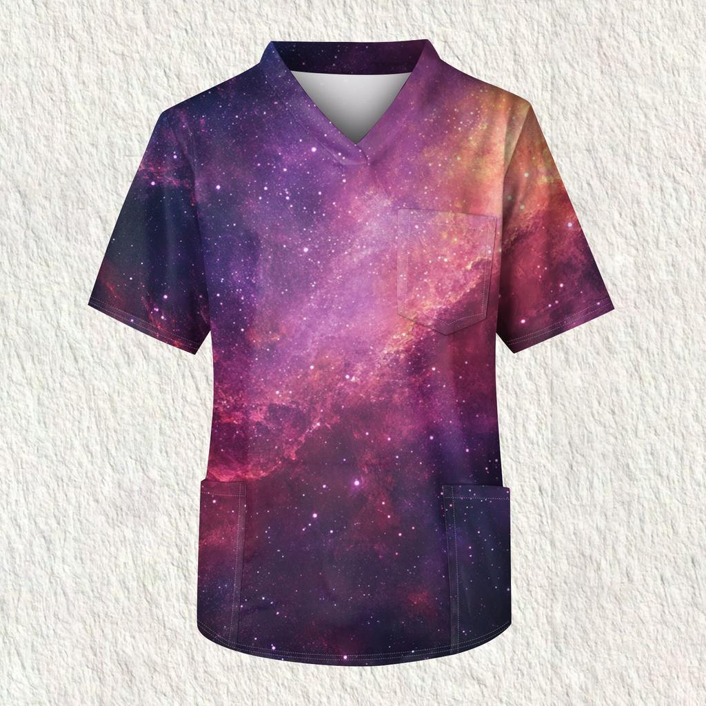 Men's Printing Short Sleeve V-neck Working Blouse Chest Pocket Carer Top