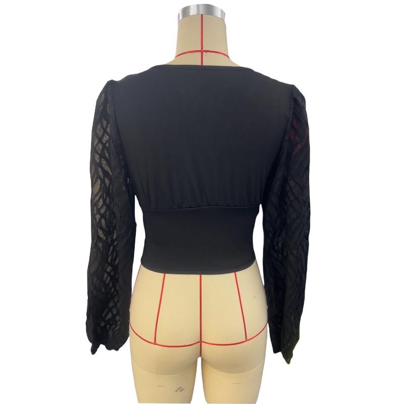 Spring Autumn Chiffon Lantern Sleeve Splicing Wrinkle Waist V-neck Long Sleeve T-shirt for Women Look Thin Top Blouses & Shirts