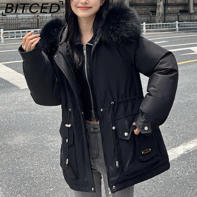 BITCED Winter Thickened Puffer Coat for Women with Waist-cinching, Slimming Fit, Hood and Large Fur Collar for Warmth