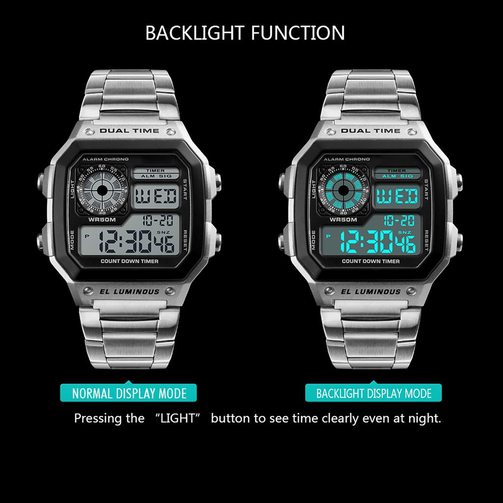  Sport Stainless Steel Men    Water-resistant Digital Backlight Man Wristwatch Male Relogio Musculino Chronograph