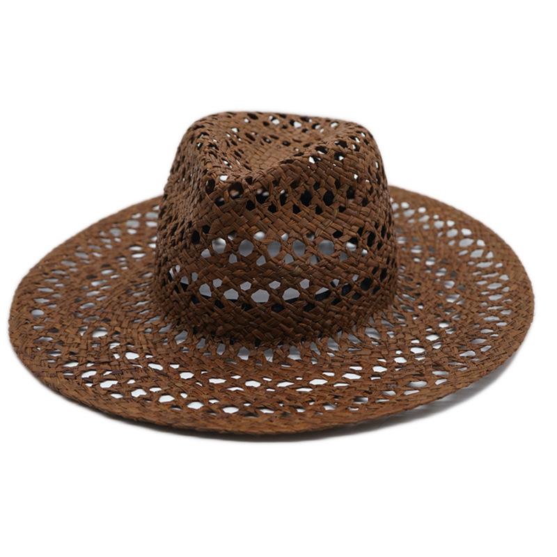 Brown Hollow Hand-Woven Raffia Panama Jazz Top Hat Flat Straw Hat Summer Men'S And Women'S Vacation Beach