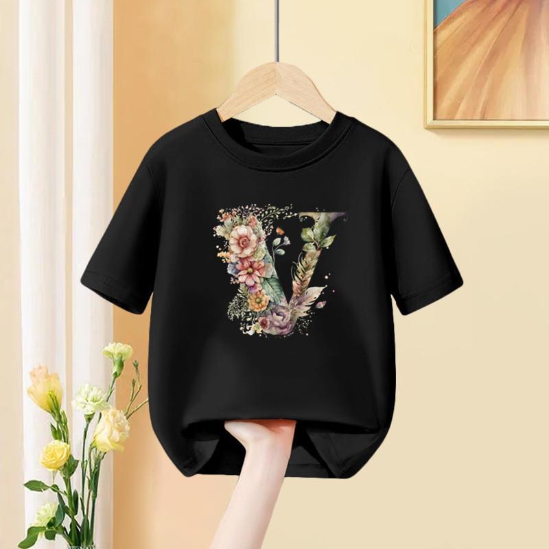 A B C D Kombinationsschrift Mädchen T-Shirt Blumendruck Lässige Oberteile Benutzerdefinierter Name Buchstabe Kinder Schwarzes T-Shirt