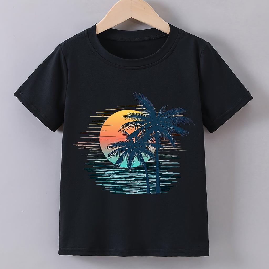 Boys' Summer Short-Sleeve T-Shirt with A 'Sunset Palm Trees Beach' Print Comfortable and Soft M
