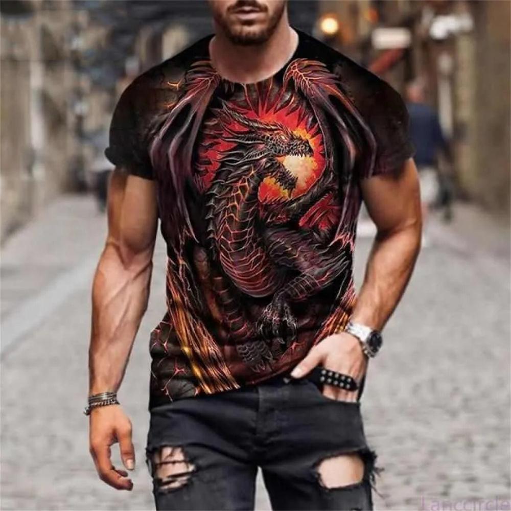 Summer Casual Men's Clothing Dragon Pattern Printing Fashion Animal Print Short Sleeved Tee Oversized T-Shirt Streetwear Tops