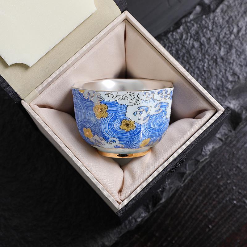Sterling Silver & Ceramic Gilded Teacup - Kung Fu Style Master Tasting Cup Business Gift