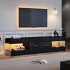 Móvel de TV com LED, Mesa de TV para Sala de Estar, Móvel de TV com Armazenamento Aberto e Gavetas, Baixo Preto com Placa de Vidro Acrílico, 152*35*40cm