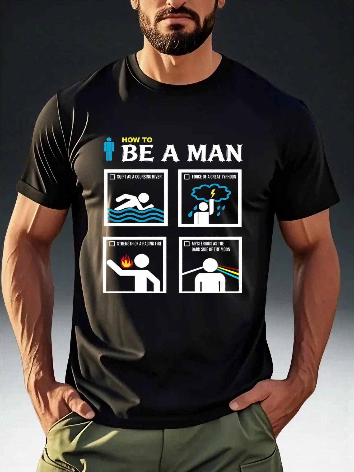 Men S Humorous Graphic T-Shirt Featuring The Parody HOW TO BE A MAN with Four Essential Elements XXXL