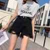 Classic and Minimalist Fashion with Black and Gray High-waisted Female Broken Holes Burlap A-line Thin Section Thin Outside Wearing Denim Shorts