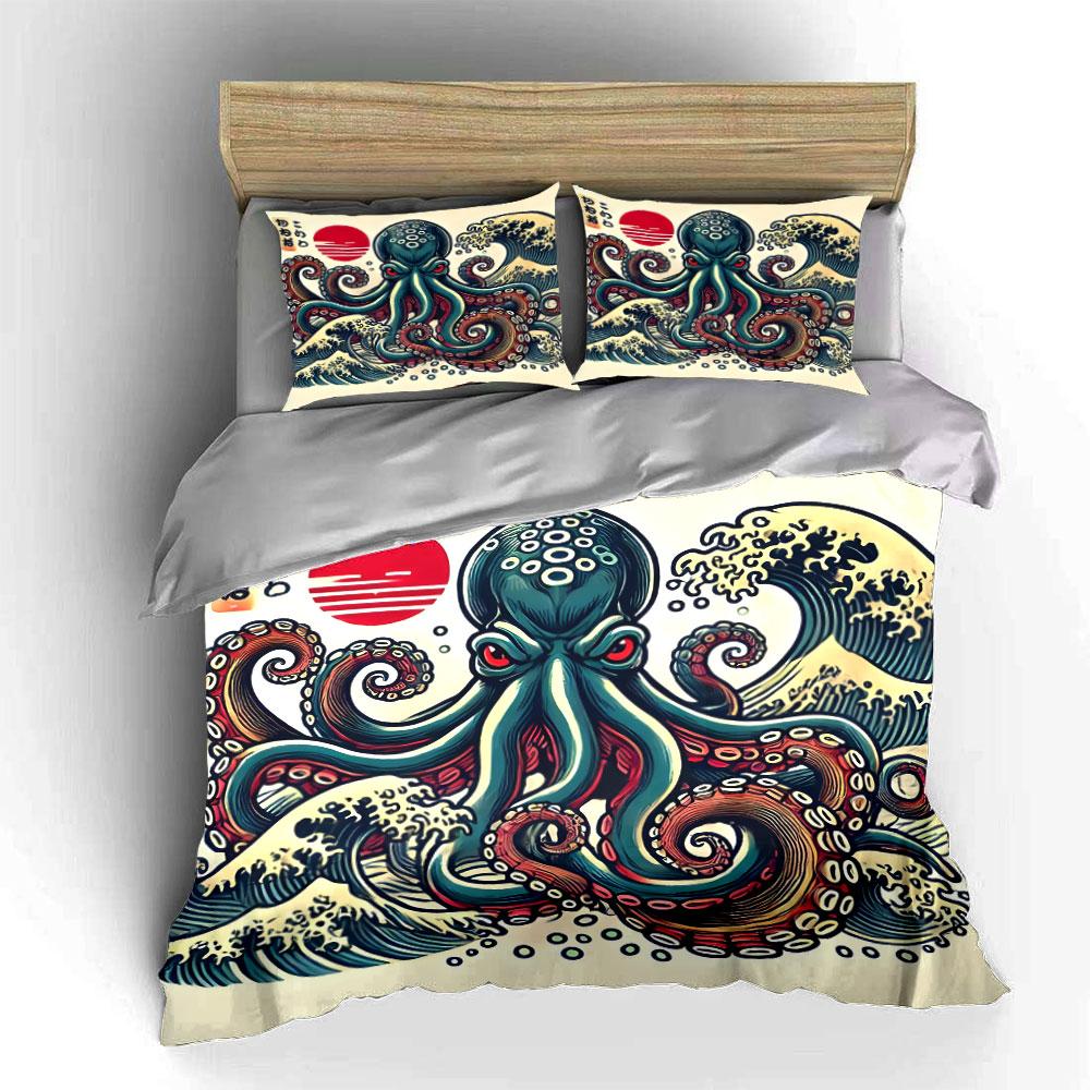 Octopus And Waves Art Decor Soft Comfortable Duvet Cover Bedding Set Included 1*Duvet Cover & 2*Pillowcases, Gift