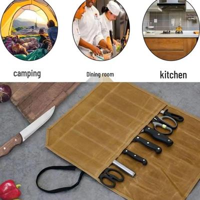 Wet Wax Canvas Chef's Knife Roll - Portable Storage Bag for Camping, Picnic, BBQ, Kitchen