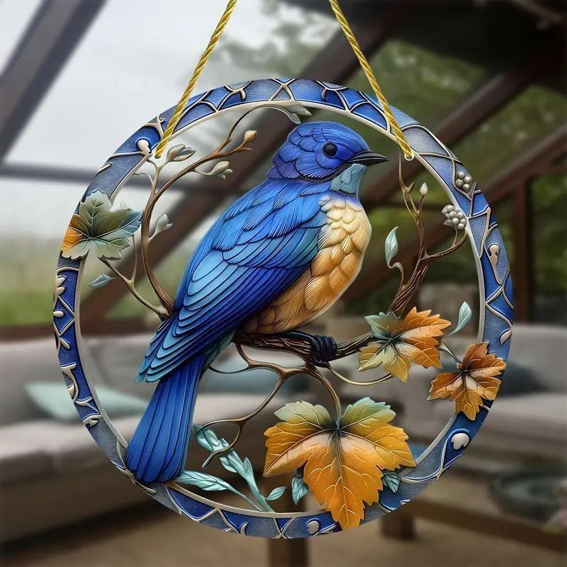 Blue Bird Simulated Branch Pattern Circular Acrylic Pendant Garden Decoration