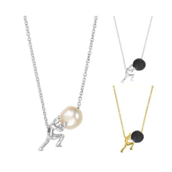 Greek Myth-Inspired Necklace Pushing Stone Faux Pearl Pendant Necklace Inspirational Religious Jewelry Gift for Men Women