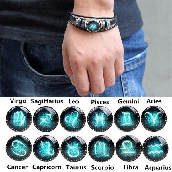 Vintage 12 Constellation Starry Leather Bracelet Multilayer Wrap Leather Bangle Birthday Gift