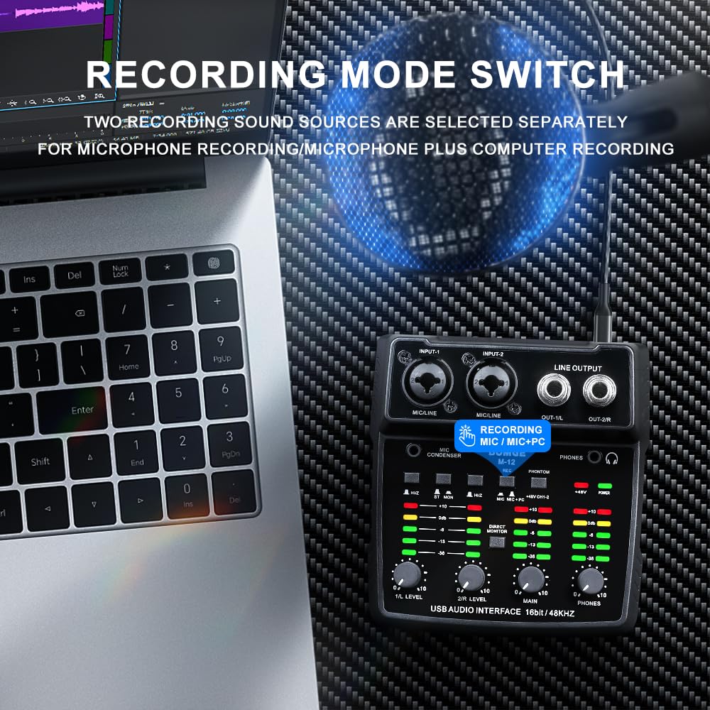 BOMGE M12 Audio Interface, 2-Channel Mixer with XLR/3.5mm Mic Input, 48V Power Supply, Sound Card for PC Recording/Studio/Live