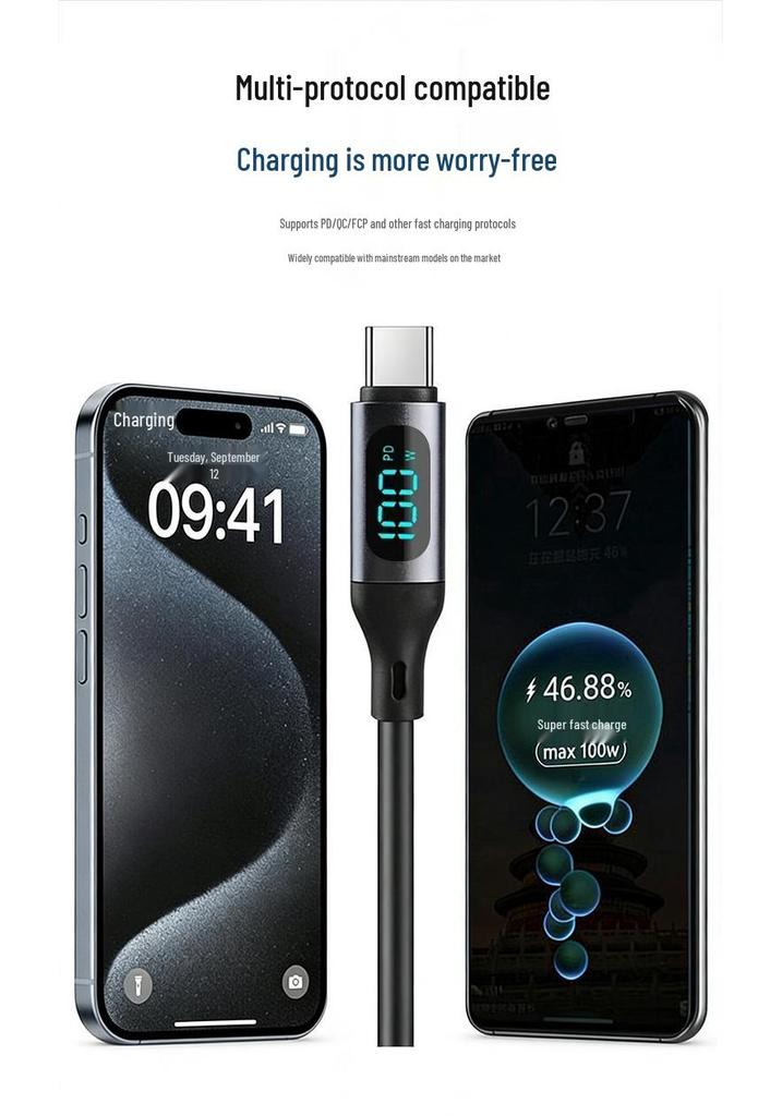 PD100W Digital Display Silicone Fast Charging Cable for Android and Apple Phones