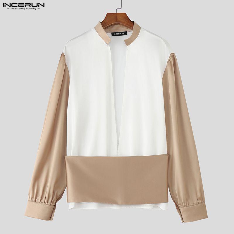 INCERUN Men Long Sleeve Patchwork Open Front Casual Party Shirts Tops