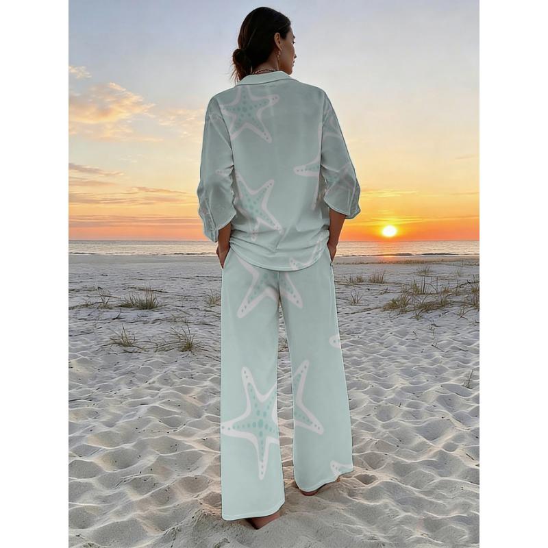 Light Blue and White Starfish Print Shirt Wide-leg Pants Suit Women's Fresh Ocean Style Long-sleeved Trousers Two-piece Set