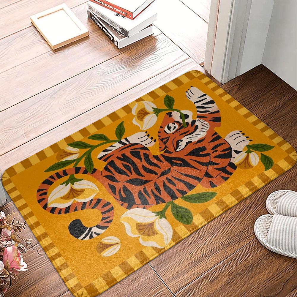 

Vibrant Tiger & Floral Pattern Flannel Carpet Floor Mat, Bold Home Decor Rug for Living Room Bedroom Yellow Animal Doormat 40x60cm