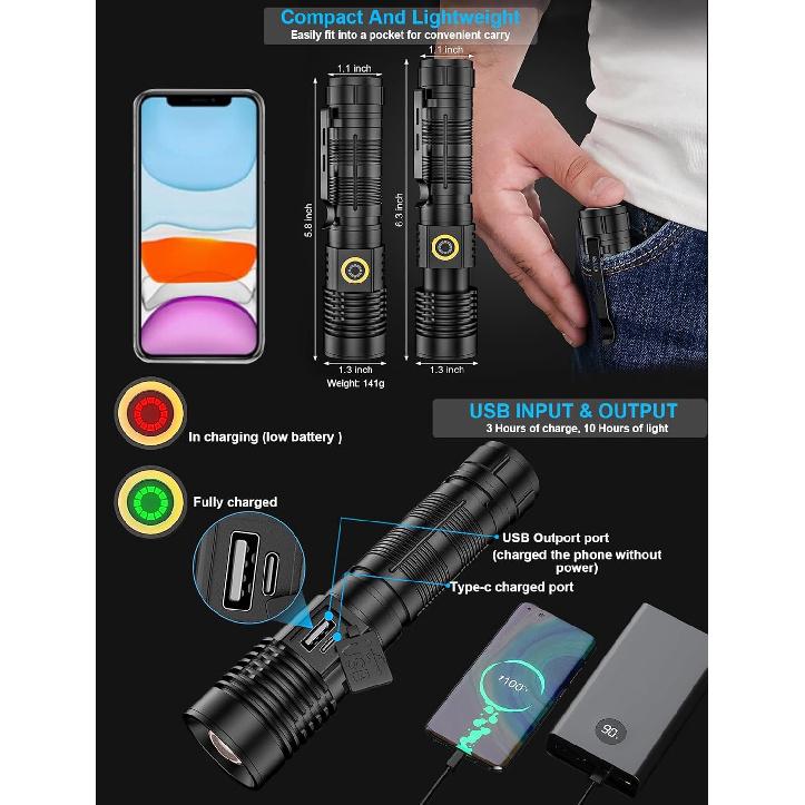 Flashlights High Lumens Rechargeable(Battery Included), 20000 Lumens Super Bright Powerful Small Magnetic Flashlight, 6 Mode, Zoomable, Waterproof,