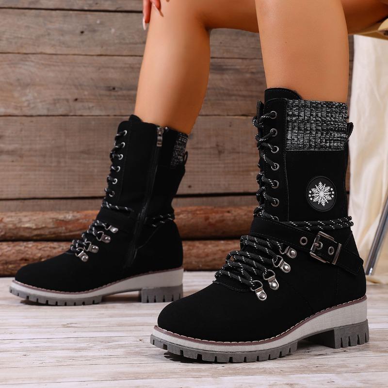 Plus-size Shoes, Mid-calf Women's Boots, Single Round Toe Square Heel Leather Buckle Boots